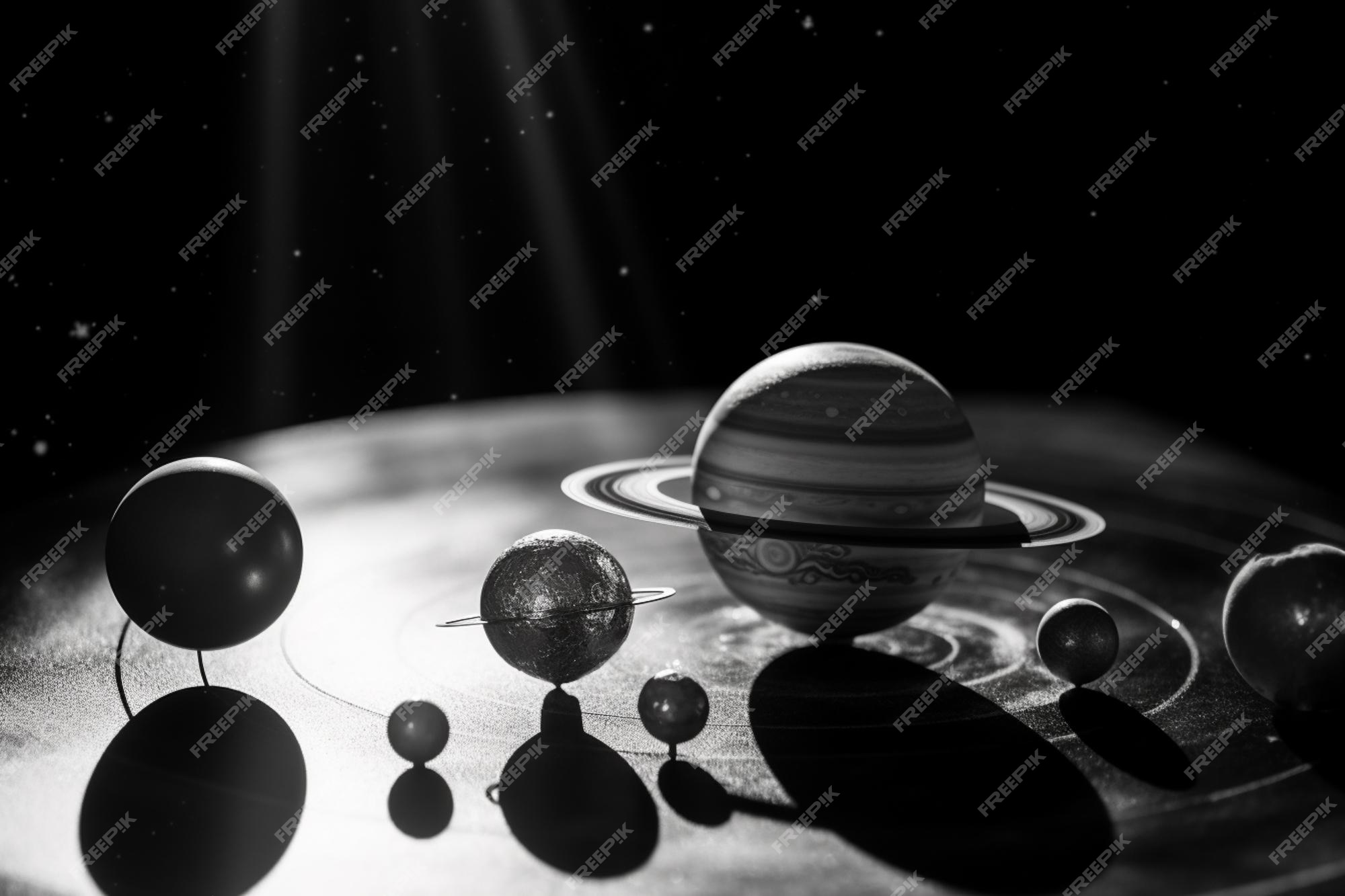 Premium Photo | A black and white photo of a solar system with planets
