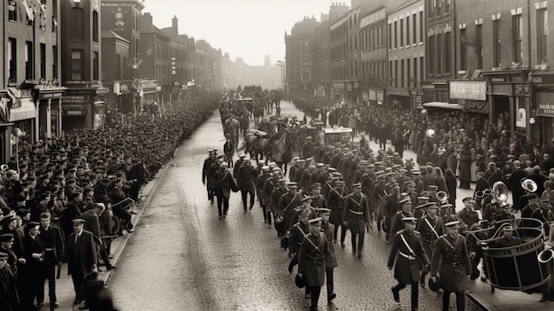 A black and white photo of soldiers marching down a street.