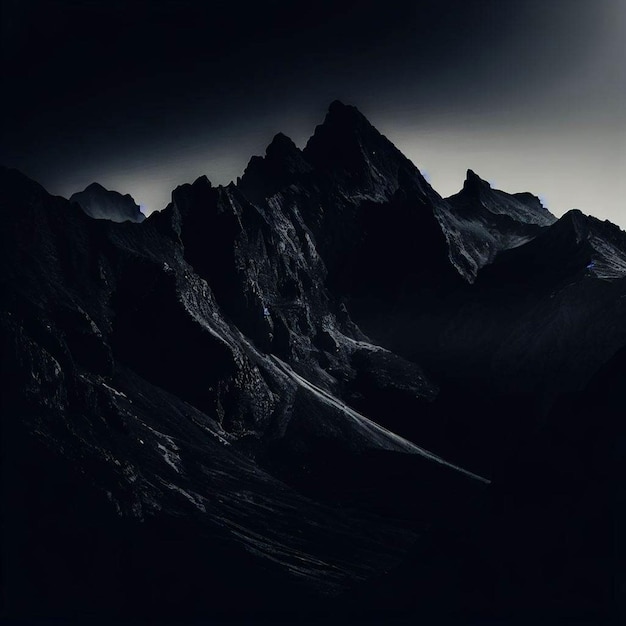 a black and white photo of some mountains in the dark