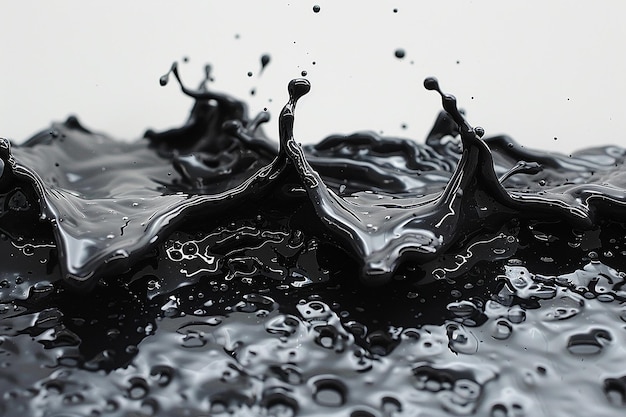 Foto una foto in bianco e nero di uno spruzzo di liquido nero con bolle sullo sfondo bianco