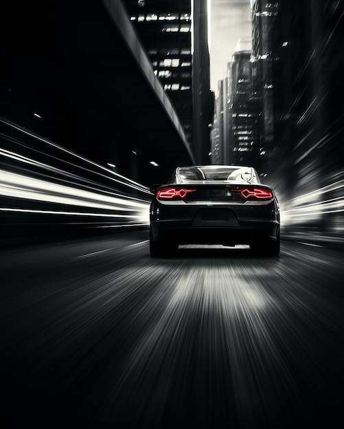 a black and white photo of a sports car driving down a city street