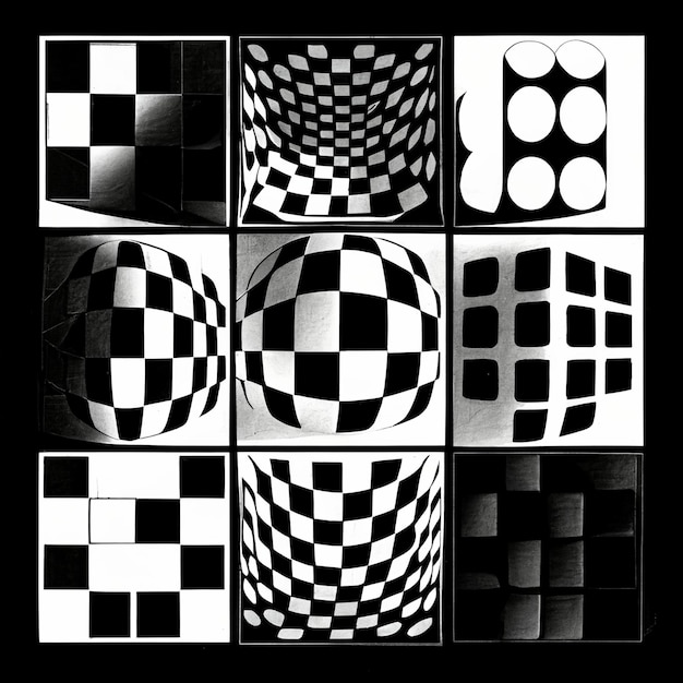 바둑판 무늬가 있는 정사각형의 흑백 사진.