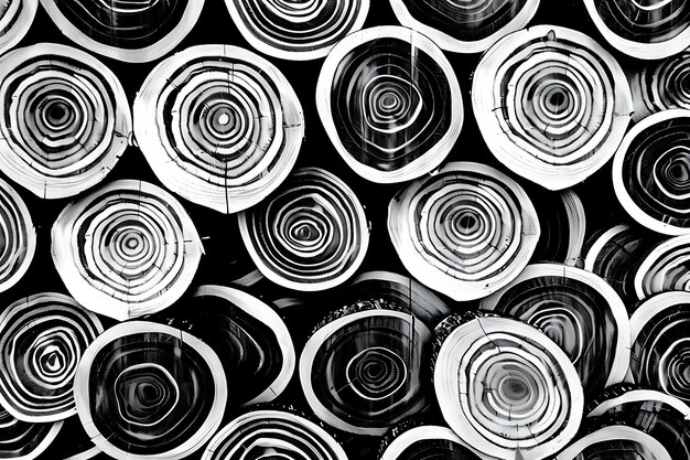 a black and white photo of a stack of rolls of paper