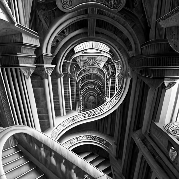 A black and white photo of a staircase with the number 7 on it