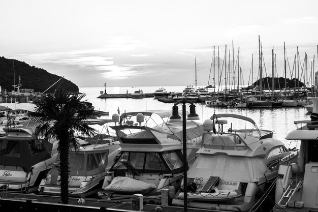 Black and white photo of sunset in the marina in Croatia on Istria the marina in the city