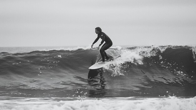 A black and white photo of a surfer on a wave