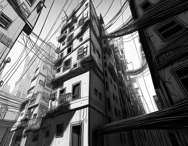 Черно-белое фото высотного здания, генеративное искусственное интеллект
