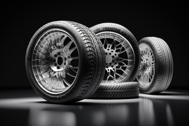 a black and white photo of tires and tires on a table.