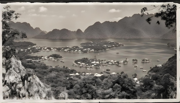 a black and white photo of a town with mountains in the background