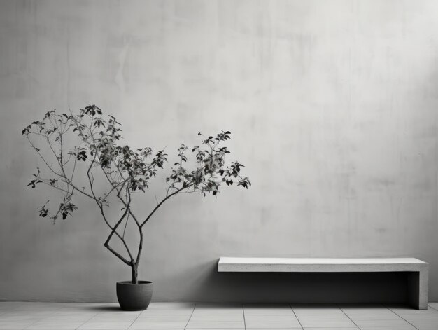 black and white photo of a tree and bench in front of a wall