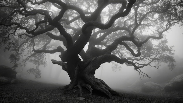 A Black And White Photo Of A Tree In A Foggy Forest Generative