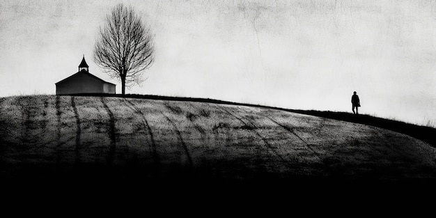 Foto una foto in bianco e nero di un albero su una collina con una casa in cima.