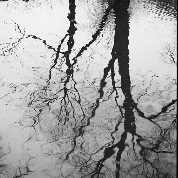 Photo a black and white photo of a tree and the reflection of a tree