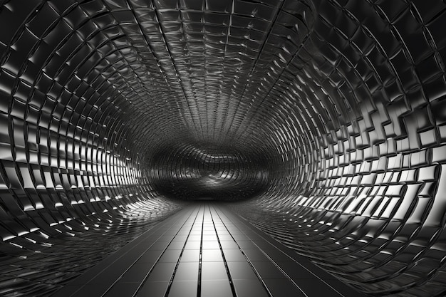 Photo a black and white photo of a tunnel with a metal floor and a light on the ceiling.