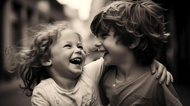 A black and white photo of two children smiling and laughing.