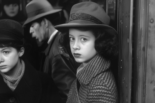 A black and white photo of two children wearing hats