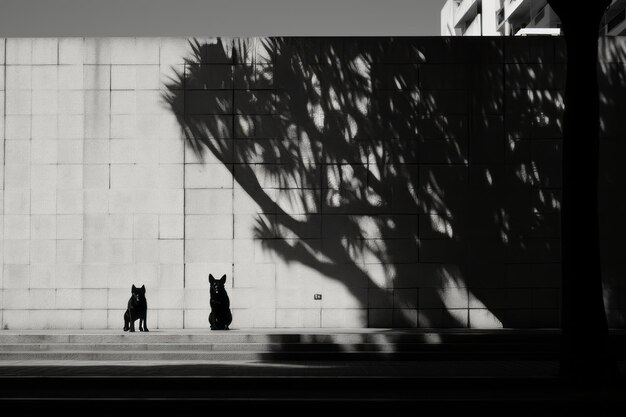 a black and white photo of two dogs standing in front of a wall