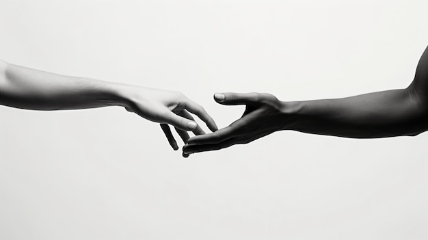 a black and white photo of two hands reaching for each other