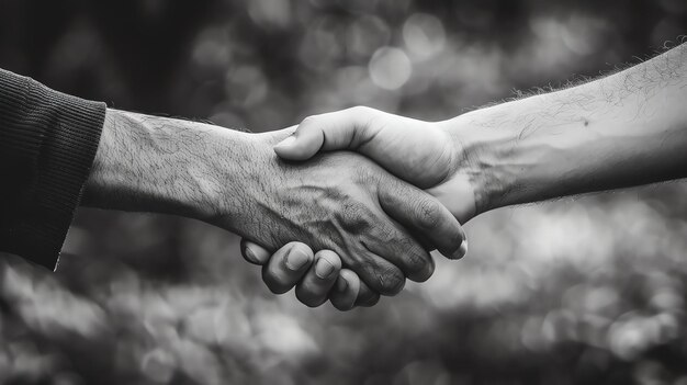 A black and white photo of two people shaking hands with a blurred background