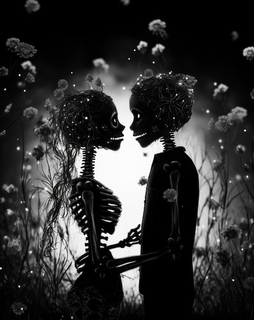 Foto una foto in bianco e nero di due scheletri in piedi in un campo generativo ai
