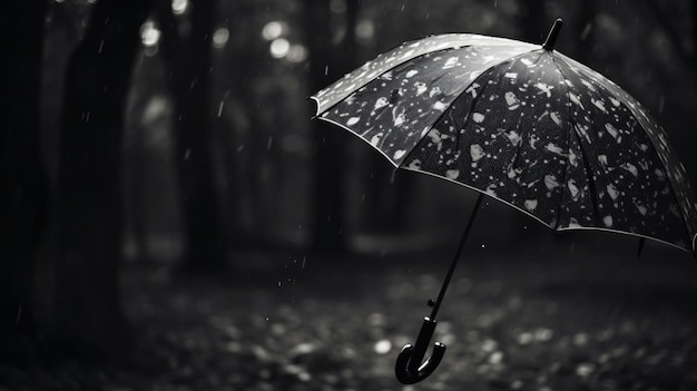 A black and white photo of an umbrella in the rain