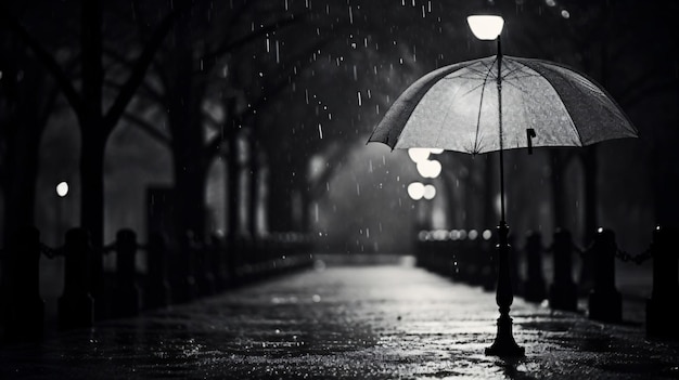 A black and white photo of an umbrella in the rain