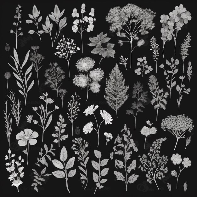 Photo a black and white photo of various types of flowers generative ai