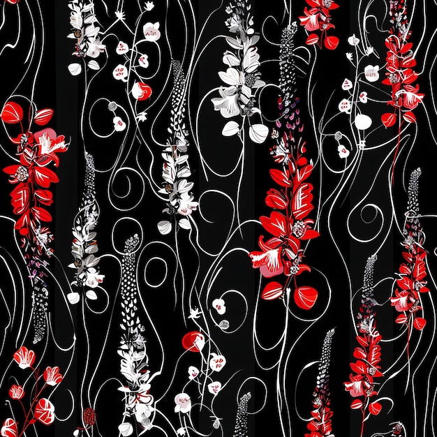 a black and white photo of a wall with red flowers and white bubbles