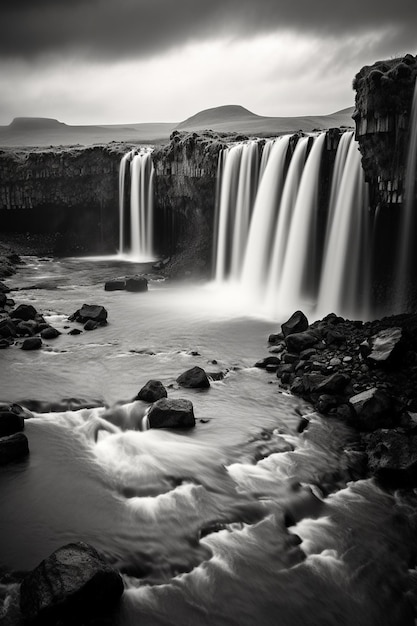 Premium AI Image | A black and white photo of a waterfall with the word ...