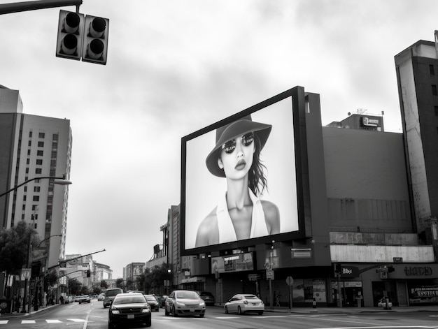 看板に映る女性の白黒写真のAI画像生成
