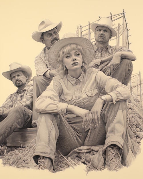 A black and white photo of a woman in a cowboy hat and cowboy hat