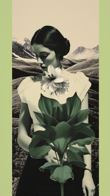 Foto una foto in bianco e nero di una donna che tiene un fiore vintage ai collage fotografico