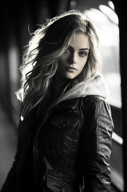 Black and white photo of a woman in a leather jacket
