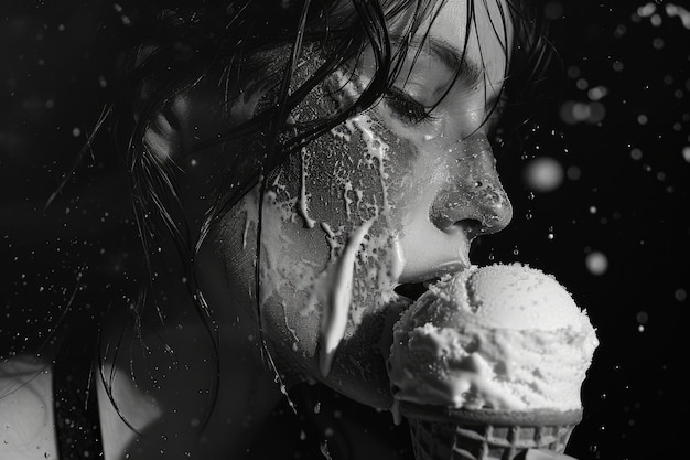 black and white photo of a woman slicing an ice cream cone