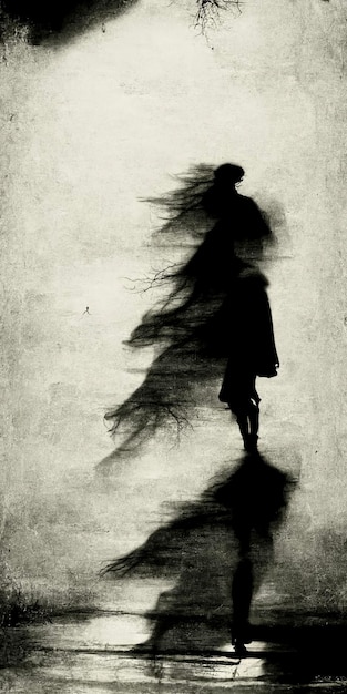 Black and white photo of a woman walking in the rain