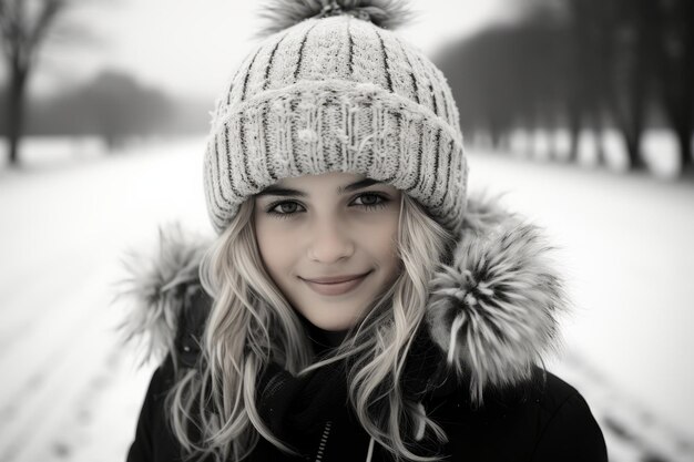 black and white photo of a woman wearing a hat in the snow