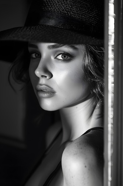 A black and white photo of a woman wearing a hat