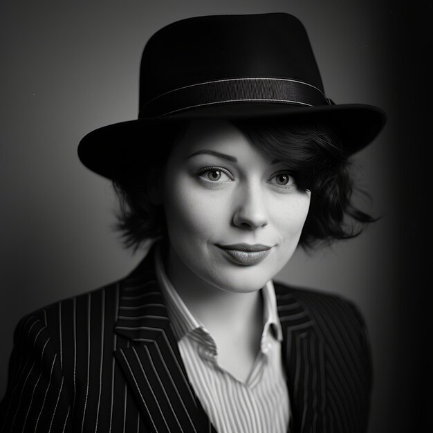 a black and white photo of a woman wearing a hat