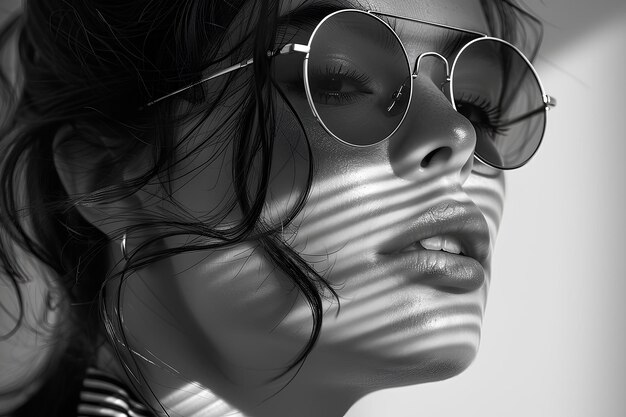 A black and white photo of a woman wearing sunglasses