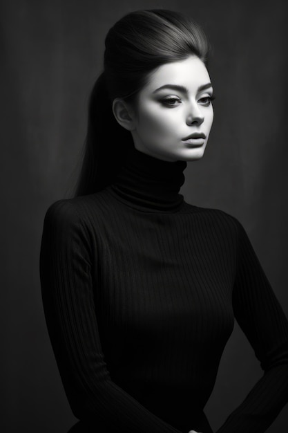 Black and white photo of woman wearing turtle neck sweater and black pants Generative AI