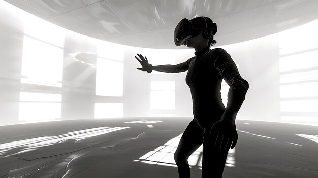 Photo black and white photo of a woman wearing a virtual reality headset and standing in a futuristic room