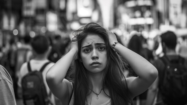 Black and white photo of a woman with anxiety in the street