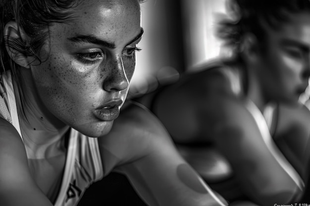 A black and white photo of a woman with freckled hair