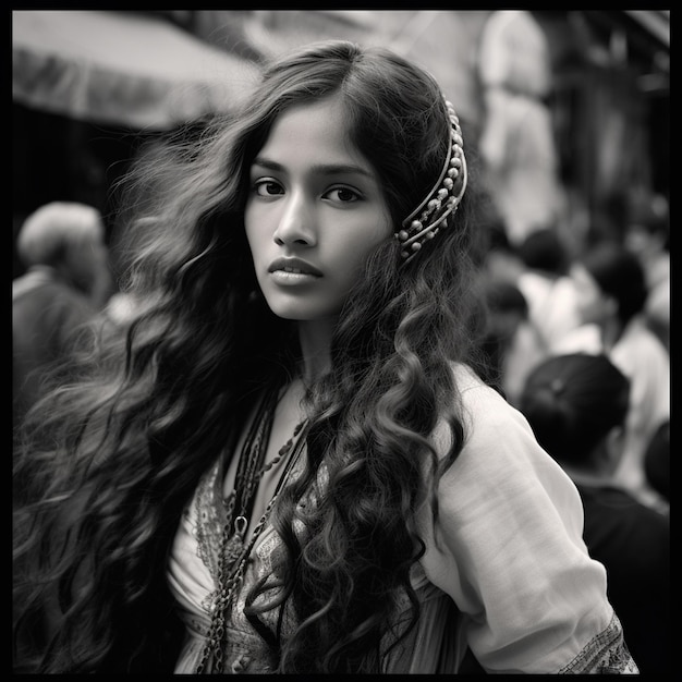 Black and white photo of a woman with long hair