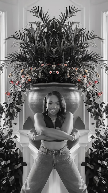 a black and white photo of a woman with a plant in her hair