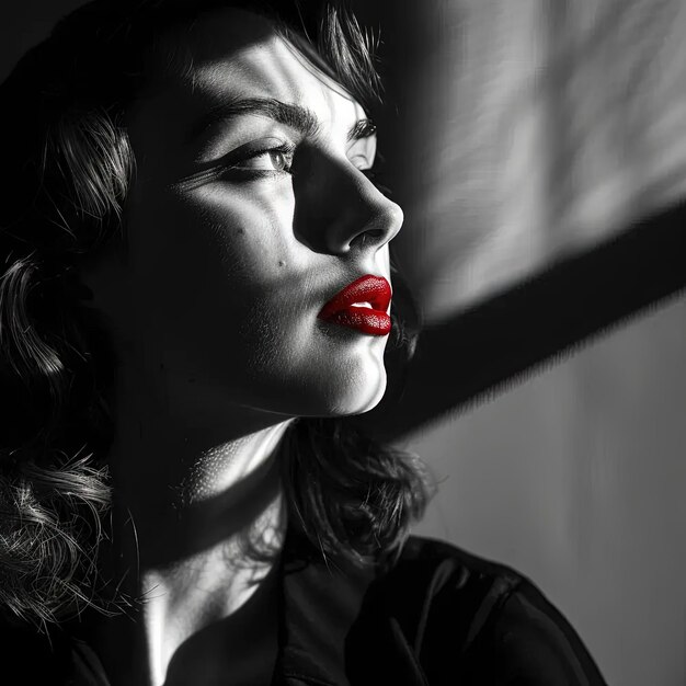 A black and white photo of a woman with red lipstick