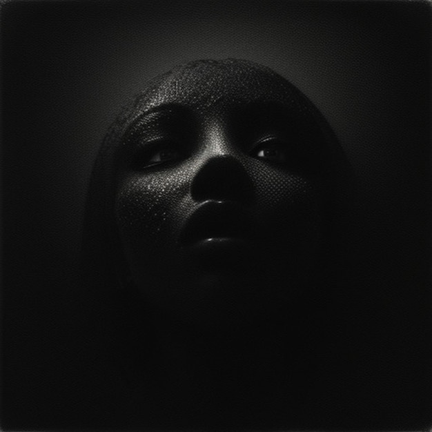 a black and white photo of a womans face with a dark background