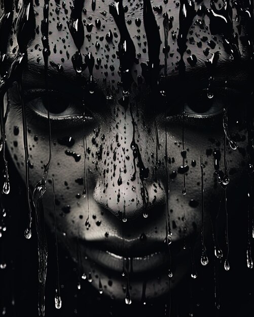 a black and white photo of a womans face with water drops on it