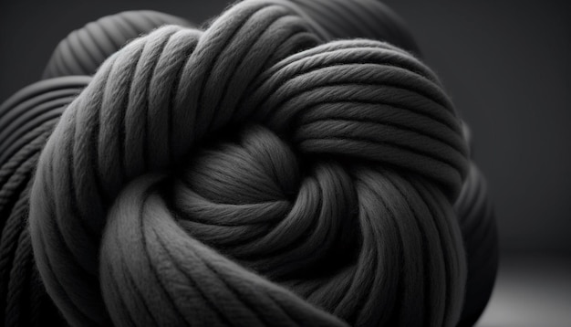 A black and white photo of a yarn with a knot in the middle.