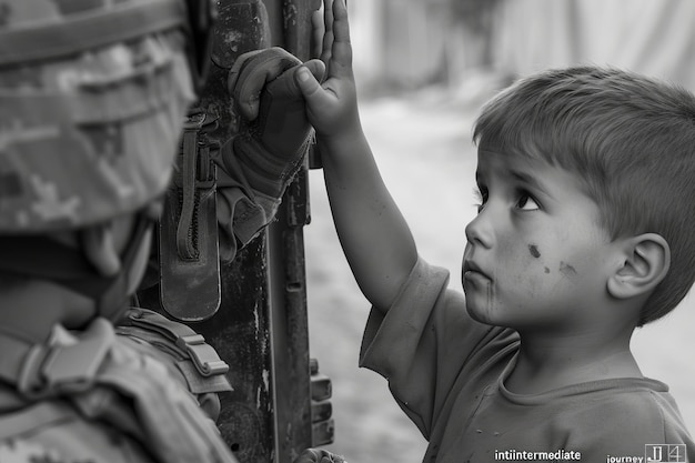 Photo black and white photo of a young child gazing up at a soldier hand on a military vehicle poignant